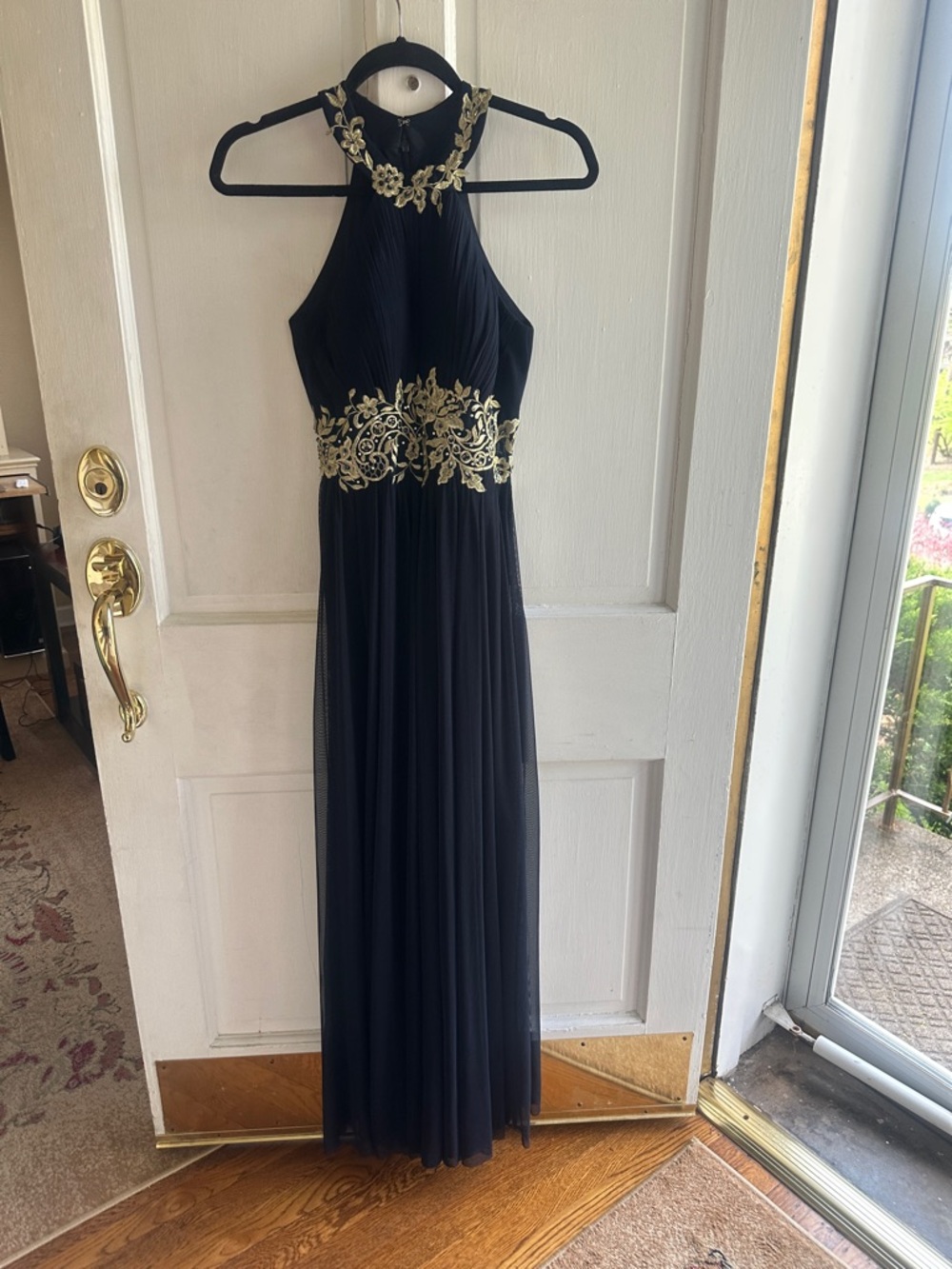 Navy Halter Evening Gown with Gold Embroidery